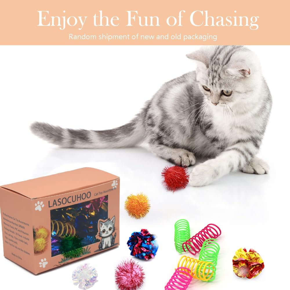 LASOCUHOO Cat Toys, 30 Packs Interactive Cat Toy Pack Including Cat Crinkle Balls, Cat Sparkle Balls, Spiral Springs for Kitten （Random Color）