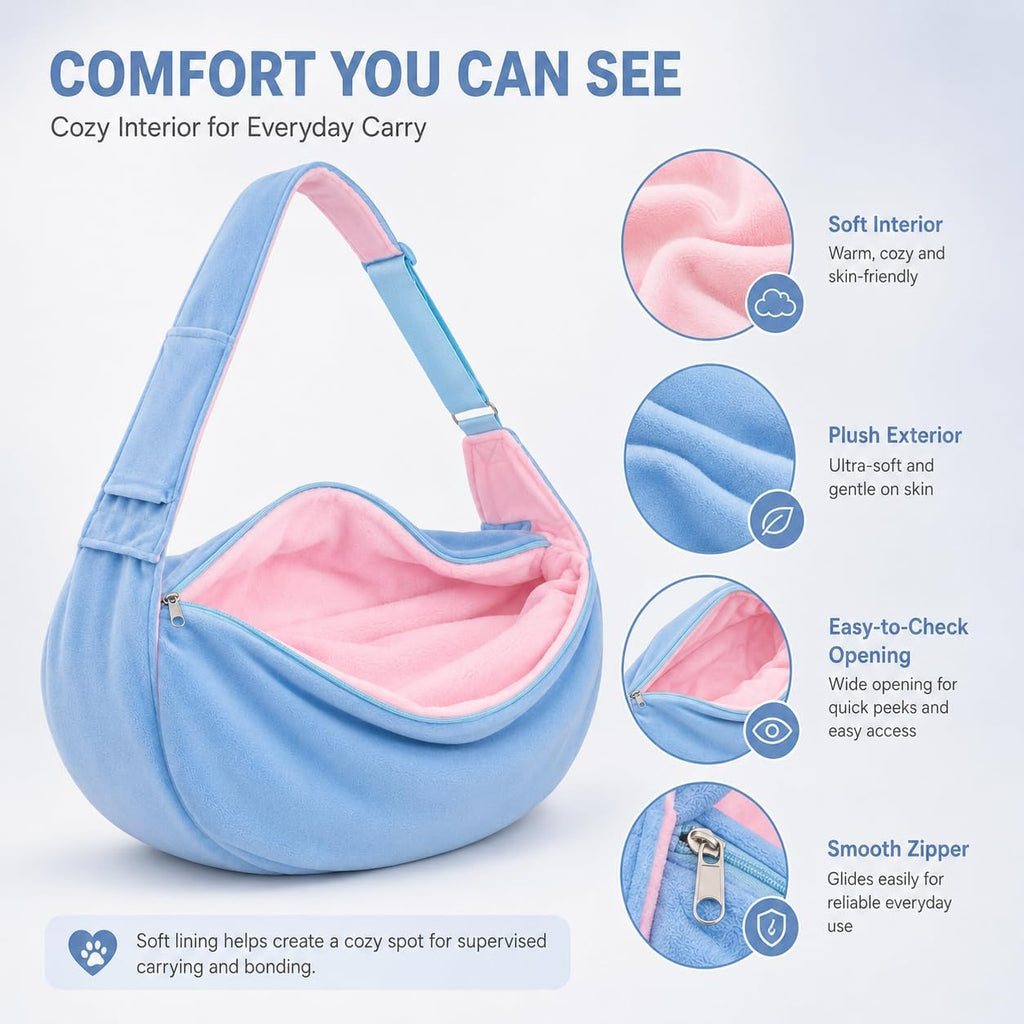Ferret Sling Carrier, Soft Fleece Small Pet Carrier Bag with Adjustable Shoulder Strap, Hands-Free Bonding Travel Pouch for Guinea Pigs, Kittens, Puppies & Small Rabbits Under 10 lbs, Blue