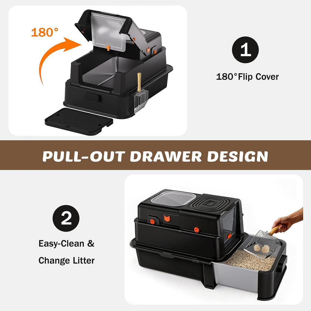 Stainless Steel Litter Box with Lid: XL Extra Large Cat Litter Box for Big Cats, Enclosed Kitty Litter Boxes with Drawer, High Sided Metal Cat Box with Scoop, Front & Top Entry, Odor Free, Non-Stick