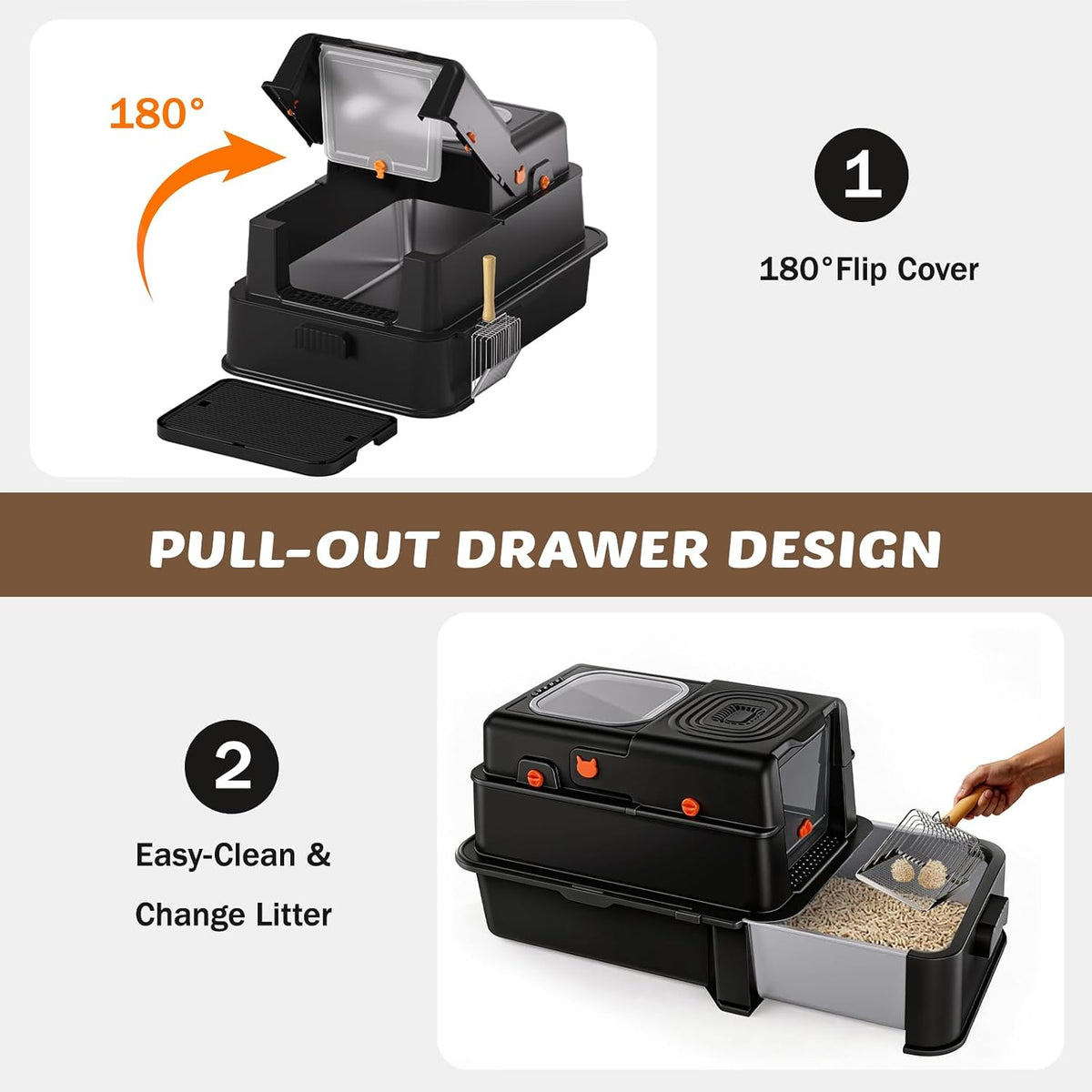 Stainless Steel Litter Box with Lid: XL Extra Large Cat Litter Box for Big Cats, Enclosed Kitty Litter Boxes with Drawer, High Sided Metal Cat Box with Scoop, Front & Top Entry, Odor Free, Non-Stick