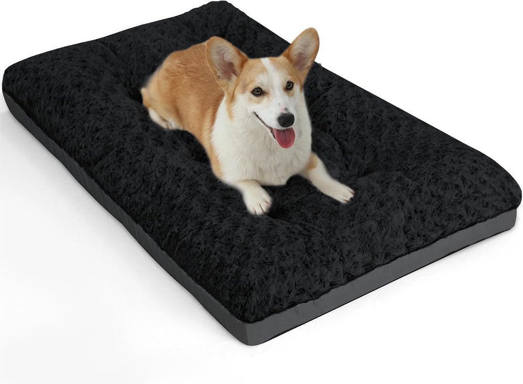 POCBLUE Dog Bed Medium Sized Dog, Washable Plush Pet Bed for Crate, Anti-Slip Pet Mat for Cages, Comfy Crate Pad for Outdoor/Indoor/Car Use, Soft Kennel Pad for Dogs Up to 40 lbs, 29"x19", Black