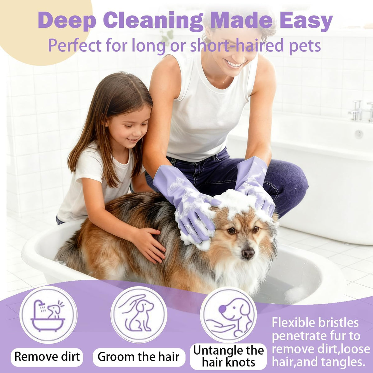 Pet Grooming Gloves, Silicone Bath Massage Gloves, Wet Dry (Purple)