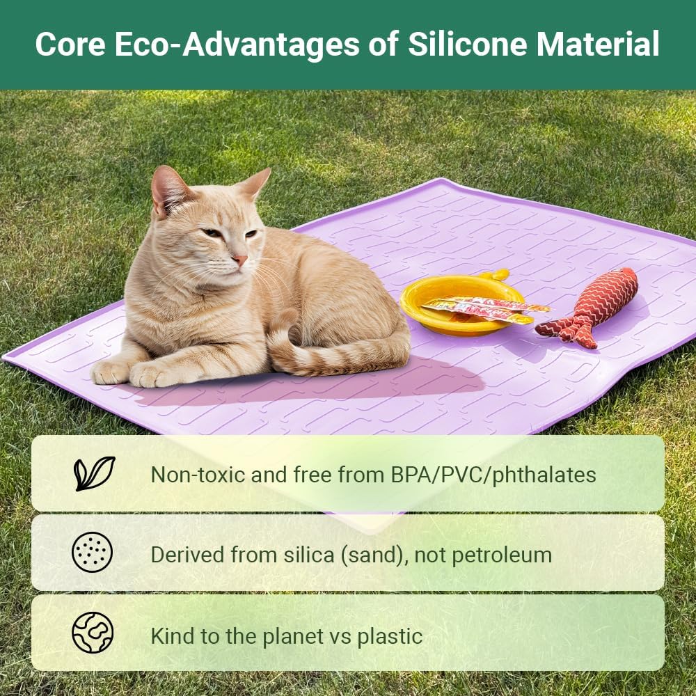 Cat Litter Mat, Large 32'' x 24'' Silicone Litter Box Mat for Litter Trapping, Waterproof, Non-Slip, Easy to Clean, Purple