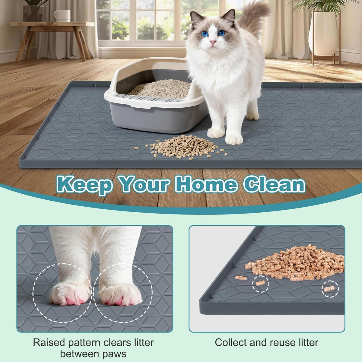 MECHEER Cat Litter Mat Litter Trapping Mat, Silicone Cat Litter Box Mats for Floor, Non-Slip Litterbox Mat with Raised Edge, Easy Clean Pet Feeding Mat for Indoor Cats 34" X 22" Gray