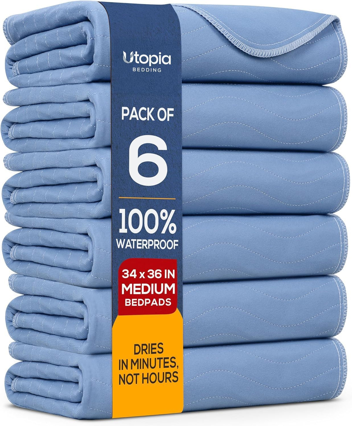 6 Pack Waterproof Reusable Heavy Absorbency Incontinence Bed Pads 34"x36" | Utopia Bedding Washable Underpads, Chuck Pads for Adults, Kids, Elderly and Pets, Bedwetting Pads for Sofa and Couch, Blue