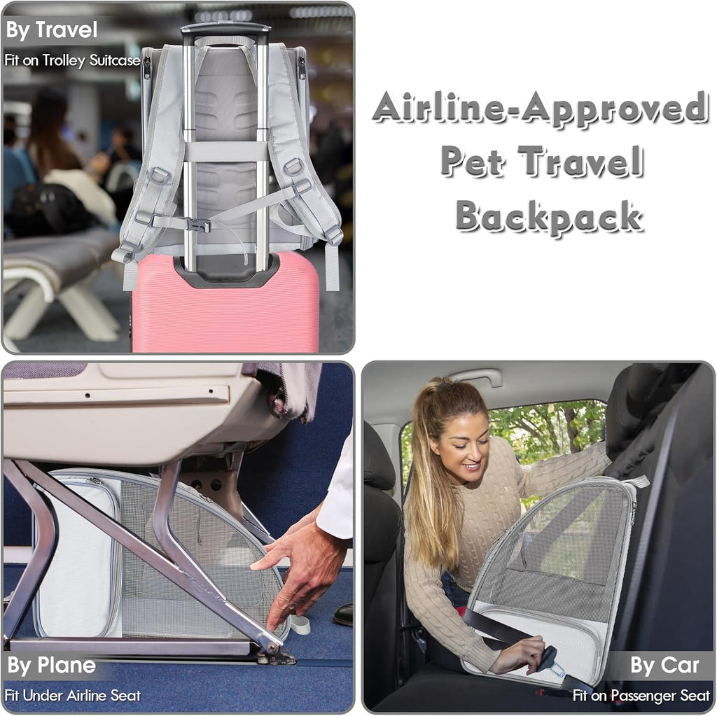 Cat Backpack Carrier, Small Dog Carrier Backpack with Fully Ventilated Mesh, Kitten Wand Feather Toy & Safety Leash, Collapsible Travel Hiking Pet Carrier for Small Dogs Cat Puppy Kitten Bunny (Grey)
