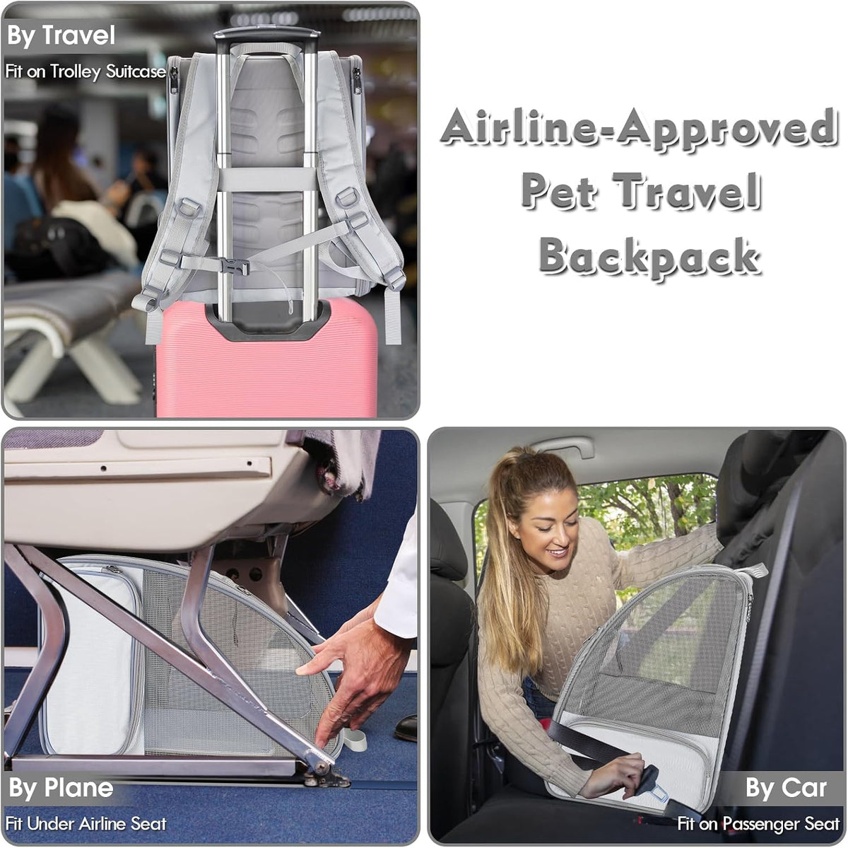Cat Backpack Carrier, Small Dog Carrier Backpack with Fully Ventilated Mesh, Kitten Wand Feather Toy & Safety Leash, Collapsible Travel Hiking Pet Carrier for Small Dogs Cat Puppy Kitten Bunny (Grey)