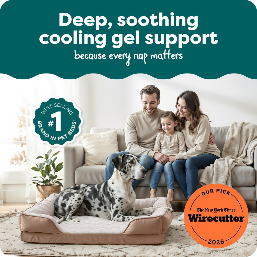 FurHaven Cooling Gel Dog Bed for Large Dogs, Perfect Comfort Sofa Bed with Cool Gel-Top Foam & Solid Orthopedic Foam Base for Joint Support, Washable Cover, Jumbo Plus XXL, Plush & Velvet, Brownstone.