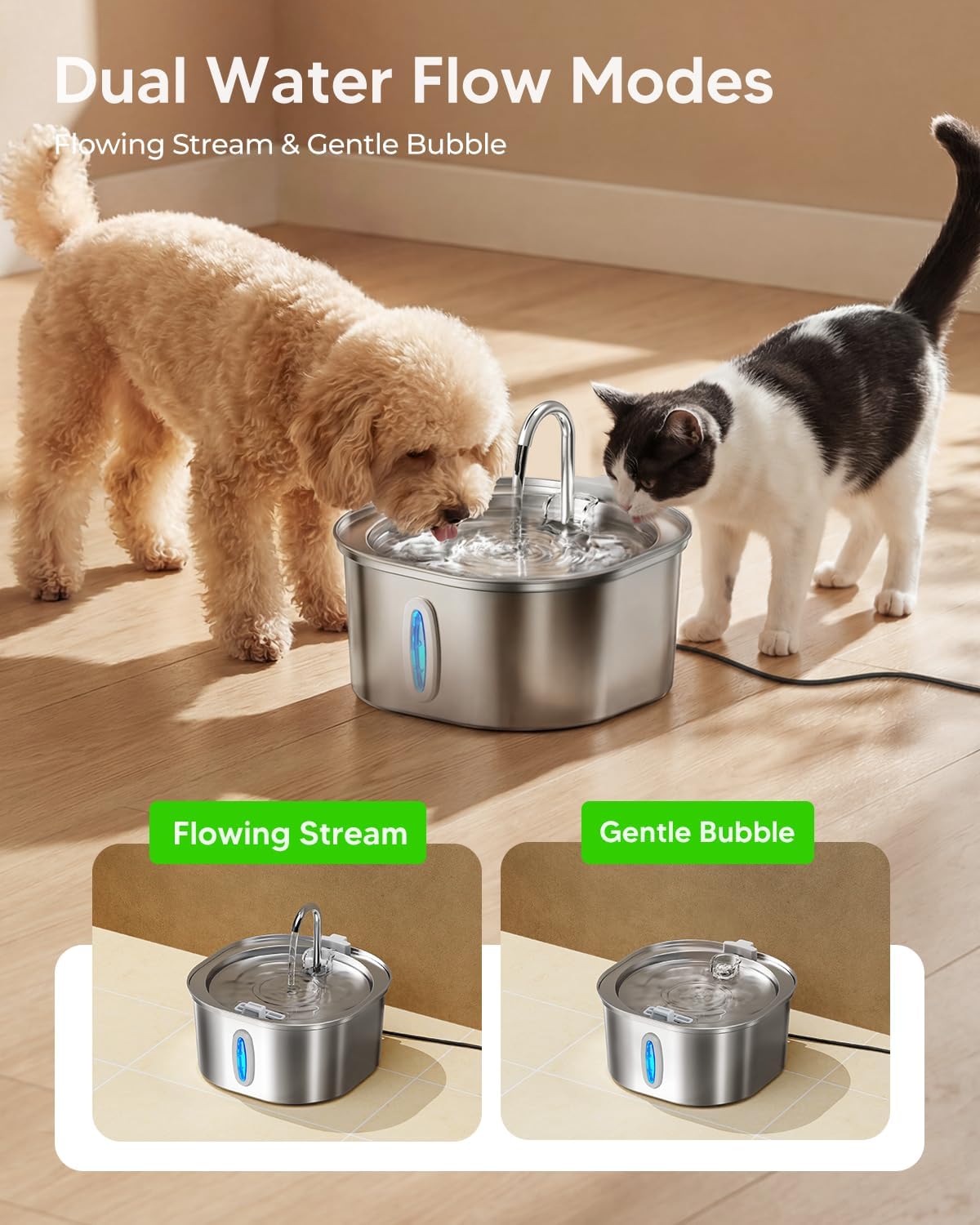 PEKTACO Stainless Steel Cat Water Fountain with 3 Filters, 3.2L/108oz