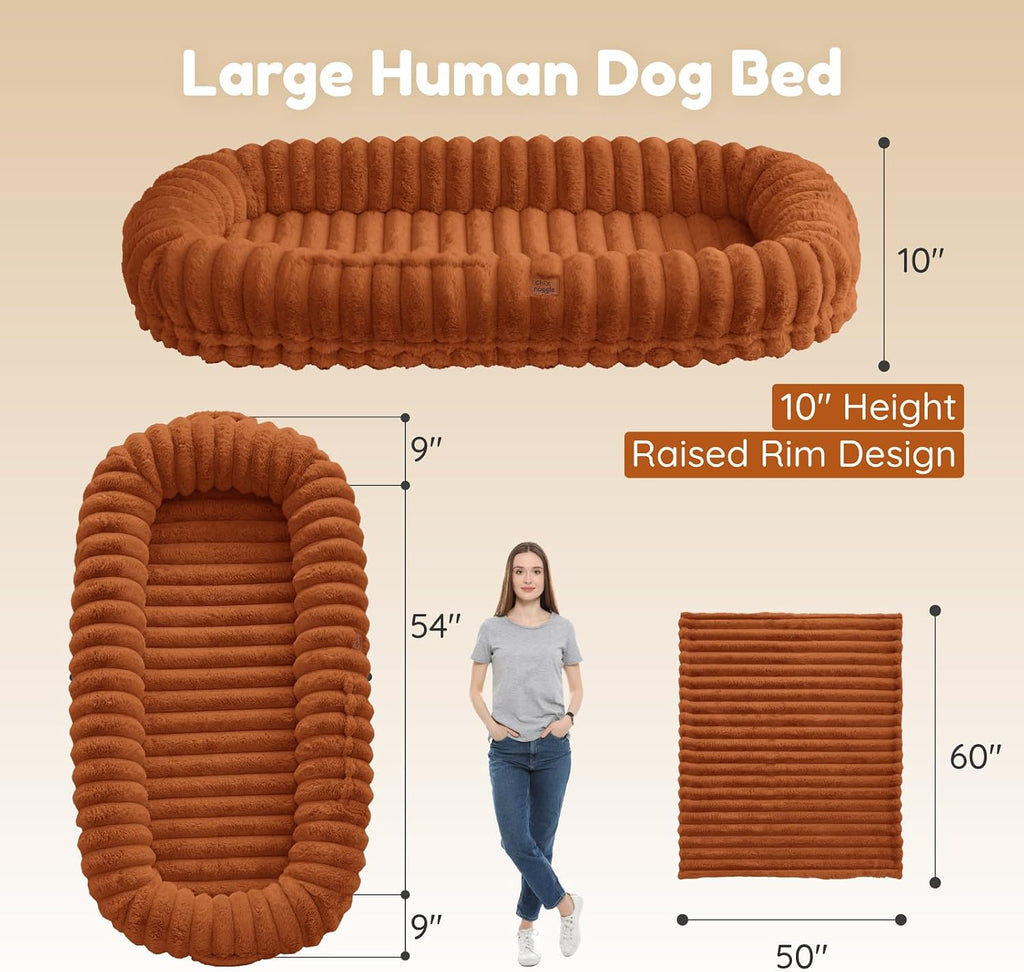 ChiXnuggle Orthopedic Human Dog Bed,Striped Faux Fur Washable Cover,Blanket