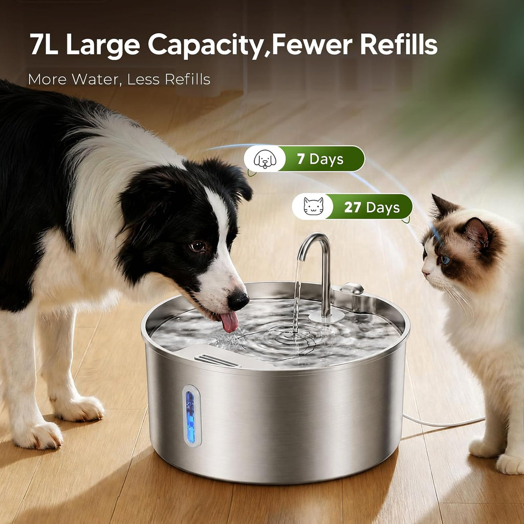 Pektaco Stainless Steel Dog Water Fountain for Large Dogs, 7L, 1 Filter