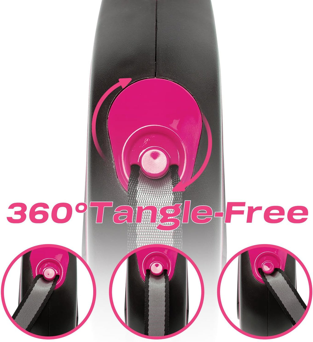 PINA Retractable Dog Leash, 10ft Dog Leash for Small Dogs Up to 33lbs, 360° Tangle-Free Strong Reflective Nylon Tape, with Anti-Slip Handle, One-Handed Brake, Lock - Black Pink