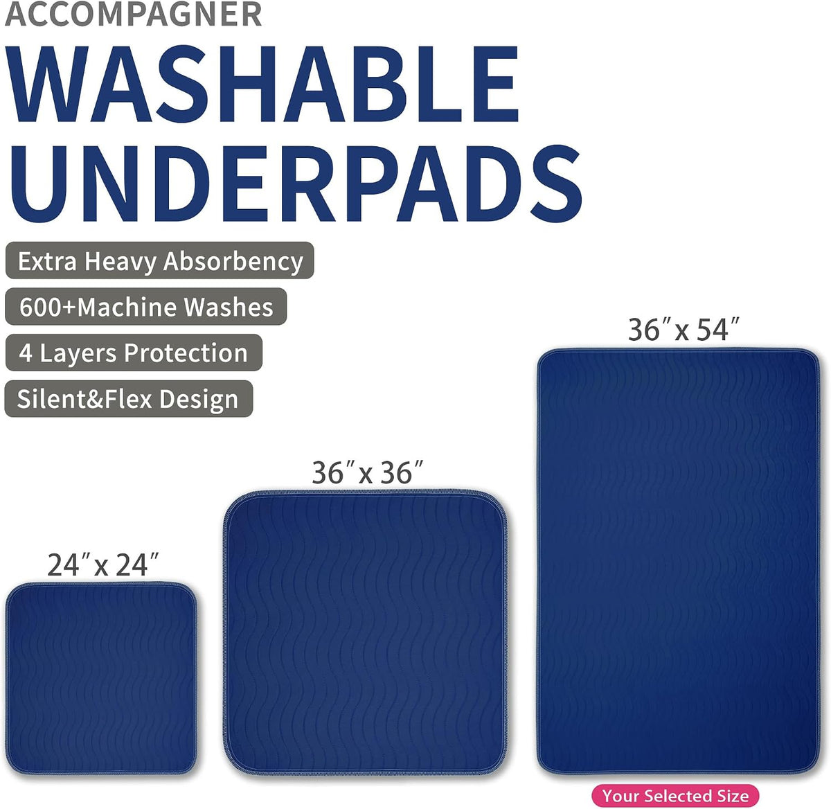 Accompagner Incontinence Bed Pads Washable Waterproof, Ultra-Absorbent Reusable Underpads for Diaper Changing, Nursing, Bedridden, Adults, Seniors, Kids and Dogs (Navy, 36"x54"(Pack of 4))