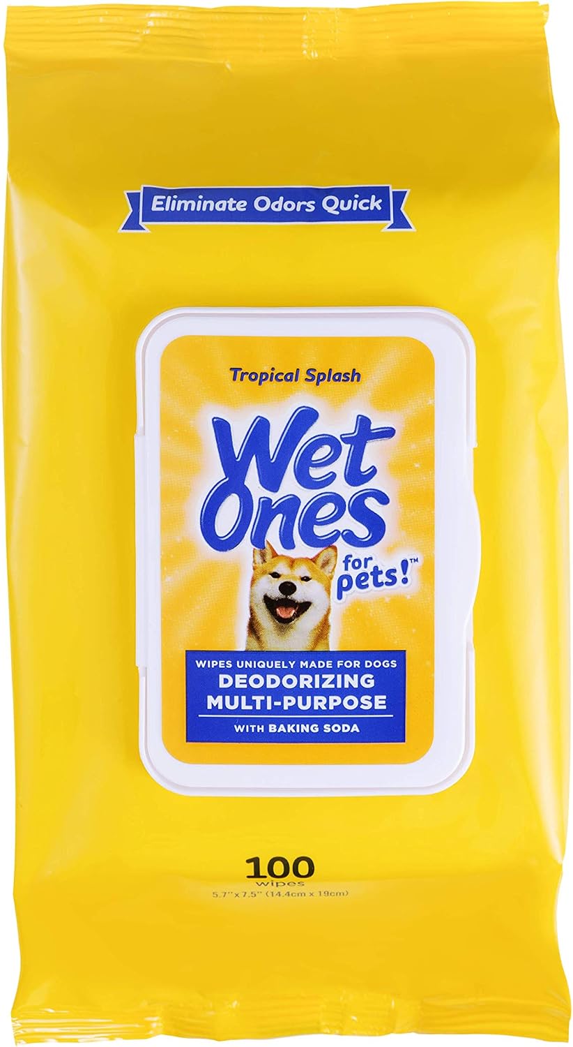 Wet Ones for Pets Deodorizing Dog Wipes, Tropical Splash, 100 Count | Baking soda formula, moisture-lock seal keeps cloths fresh, suitable for daily grooming between baths 