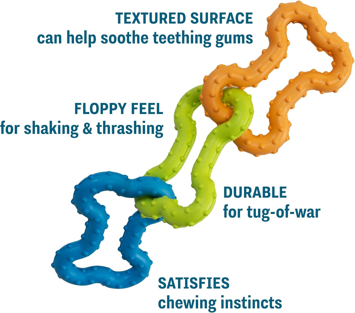 Bone Tugz Dental Dog Chew Toy, Floppy & Textured, 6.3" | Helps Keep Teeth Clean, Massages Gums, Linked Rubber Bones, Fetch & Tug, Light Chewers, Small Dogs & Teething Puppies