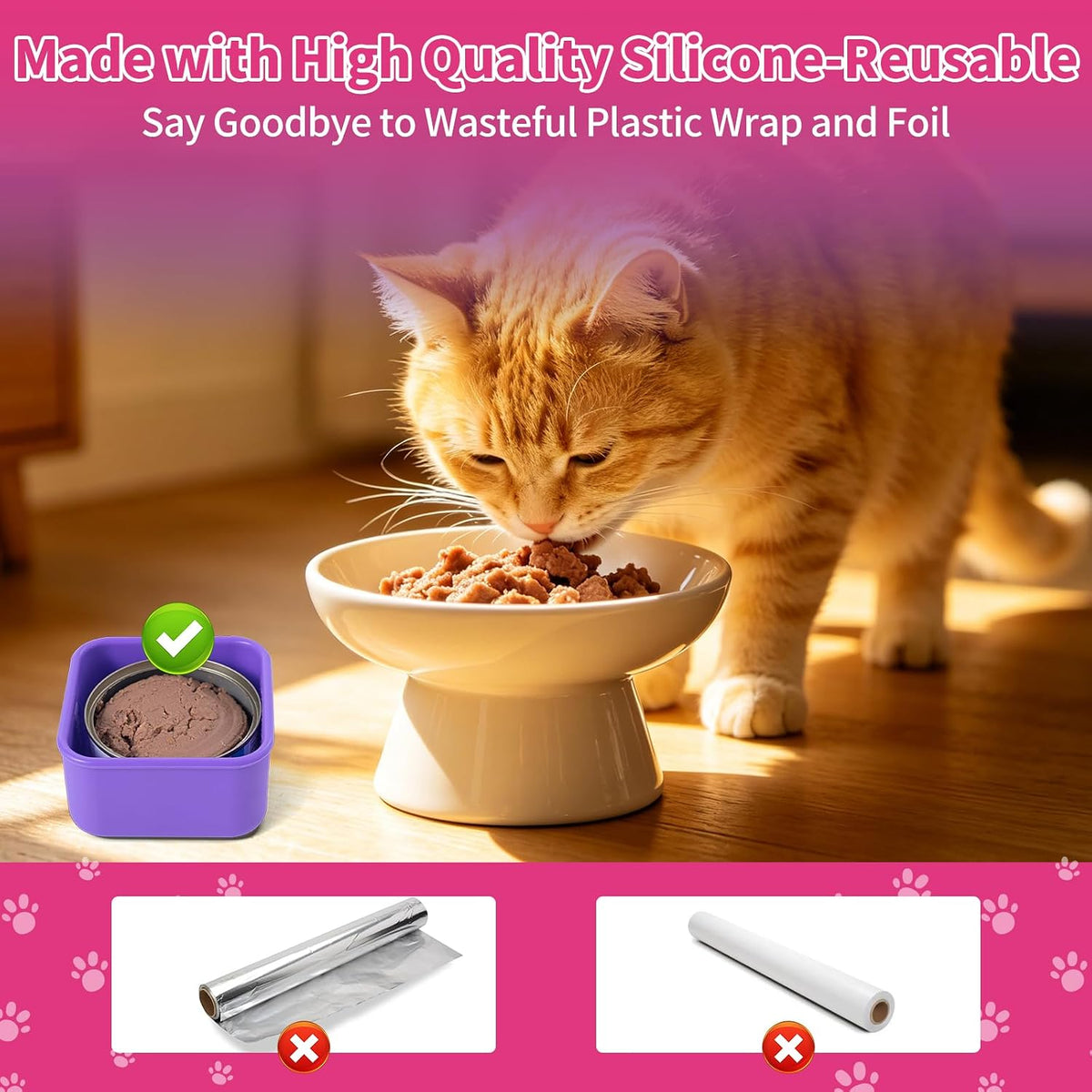 SLSON Cat Can Cover 5.5 oz Canned Food Storage Container, 2Pack Silicone Can Sealer with Airtight Lids Compatible with 5.5oz Friskies & 3.5oz Cesar Dog Can for Fridge to Keep Fresh (Violet and Rose)
