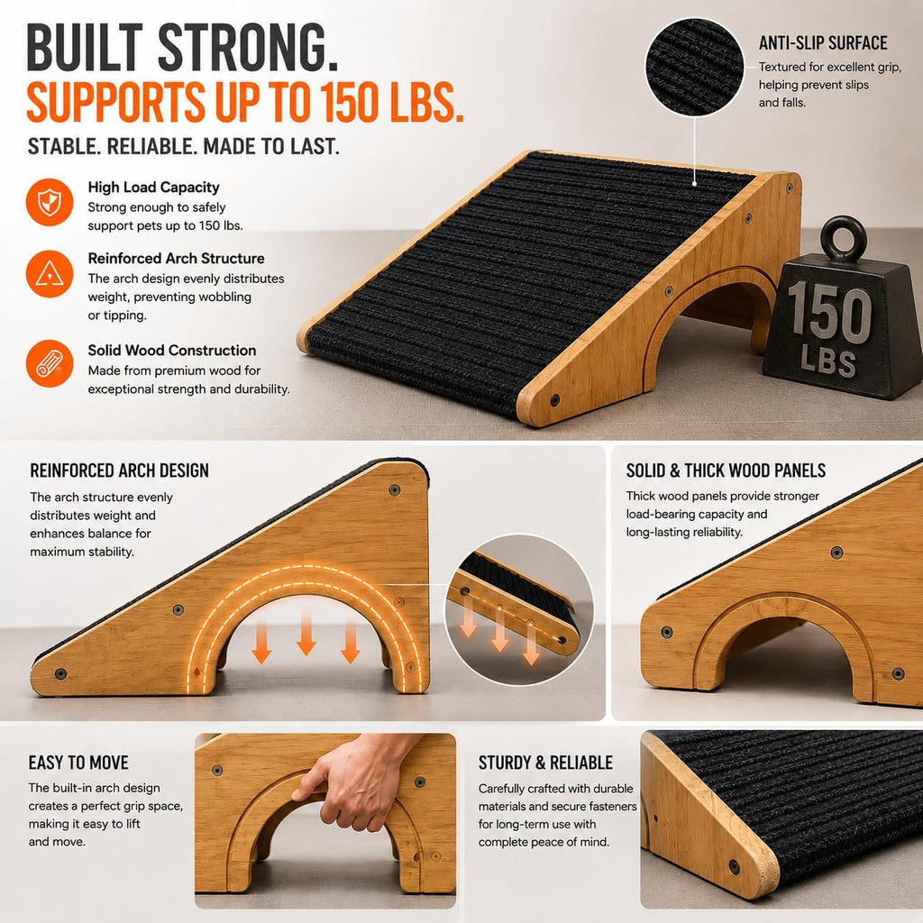 Wooden Dog Ramp for Stairs, Extra Wide 16.9" Pet Ramp with Arch Support Design and Anti-Slip Carpet Surface, Low Angle Ramp for Small Dogs & Cats, Senior Injured Pets, Sofa Bed Access
