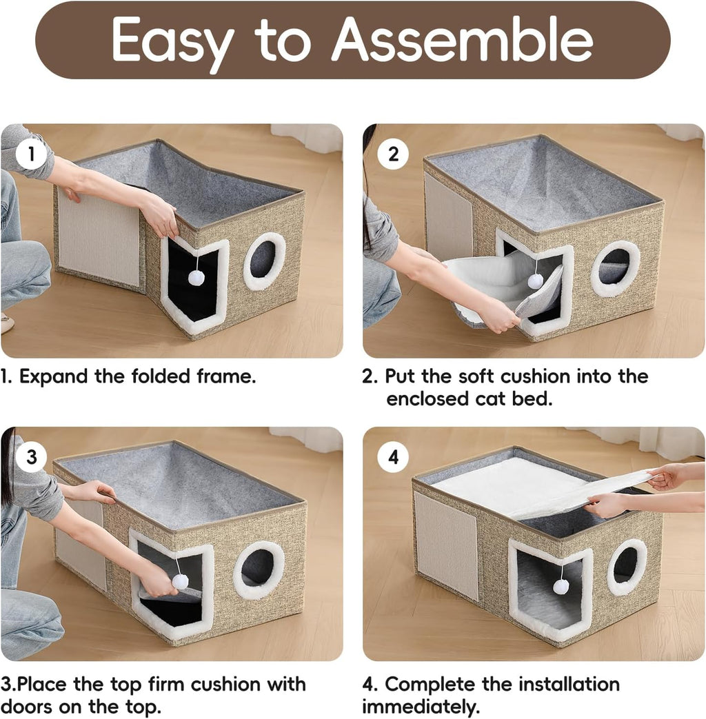 Extra-Wide Cat Houses for Indoor Cats, Large Cat Cave Bed with Fluffy Ball and Scratch Pad, Foldable Covered Kitten Bed for Multiple Cats, 23.6x16x13 inches, Khaki