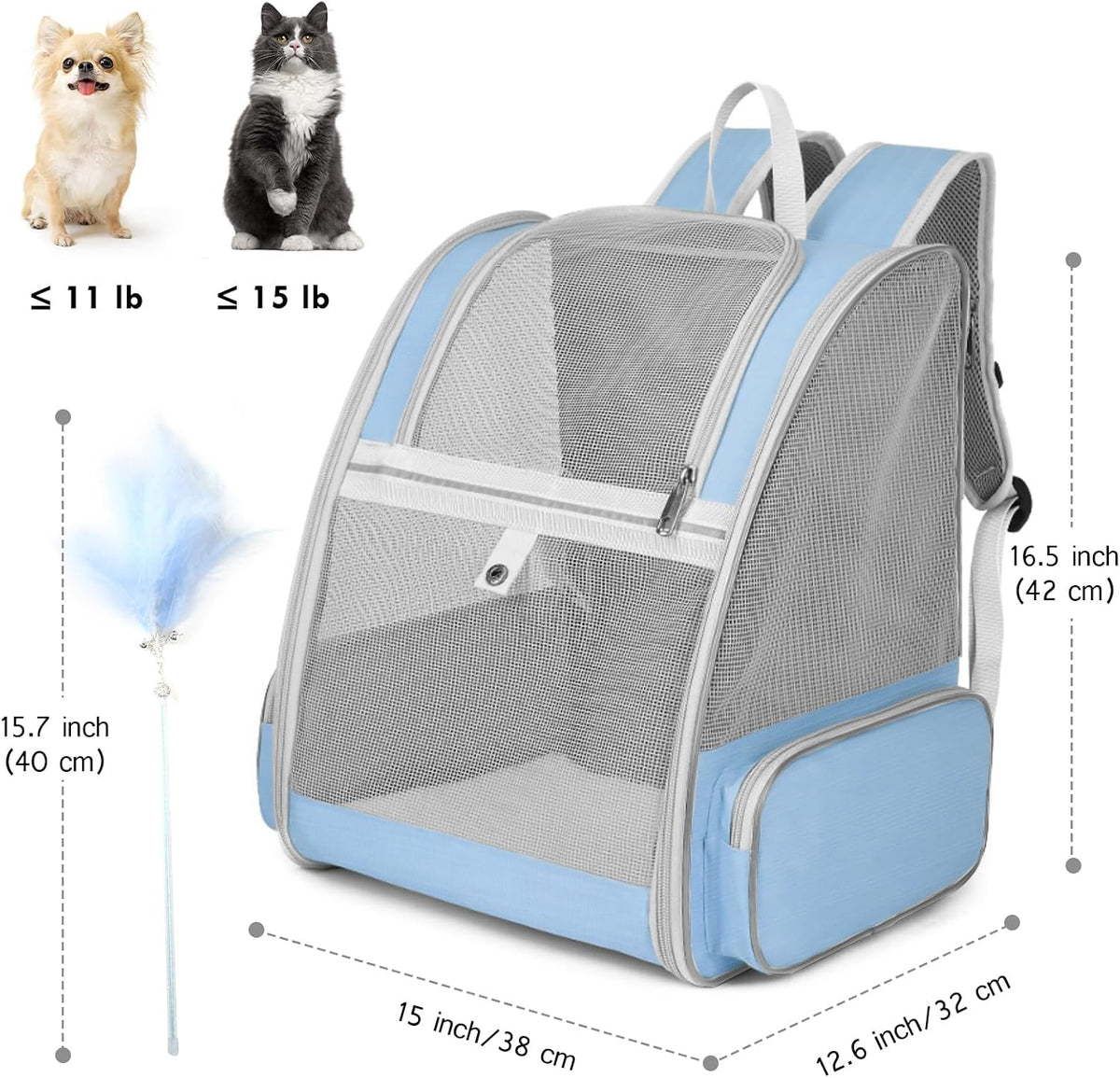 Cat Backpack Carrier, Small Dog Carrier Backpack with Fully Ventilated Mesh, Kitten Wand Feather Toy & Safety Leash, Collapsible Travel Hiking Pet Carrier for Small Dogs Cat Puppy Kitten Bunny (Blue)