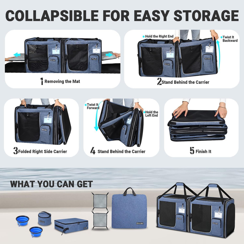 Petskd 2 in 1 Double Cat Car Travel Carrier with Litter Box, Blue