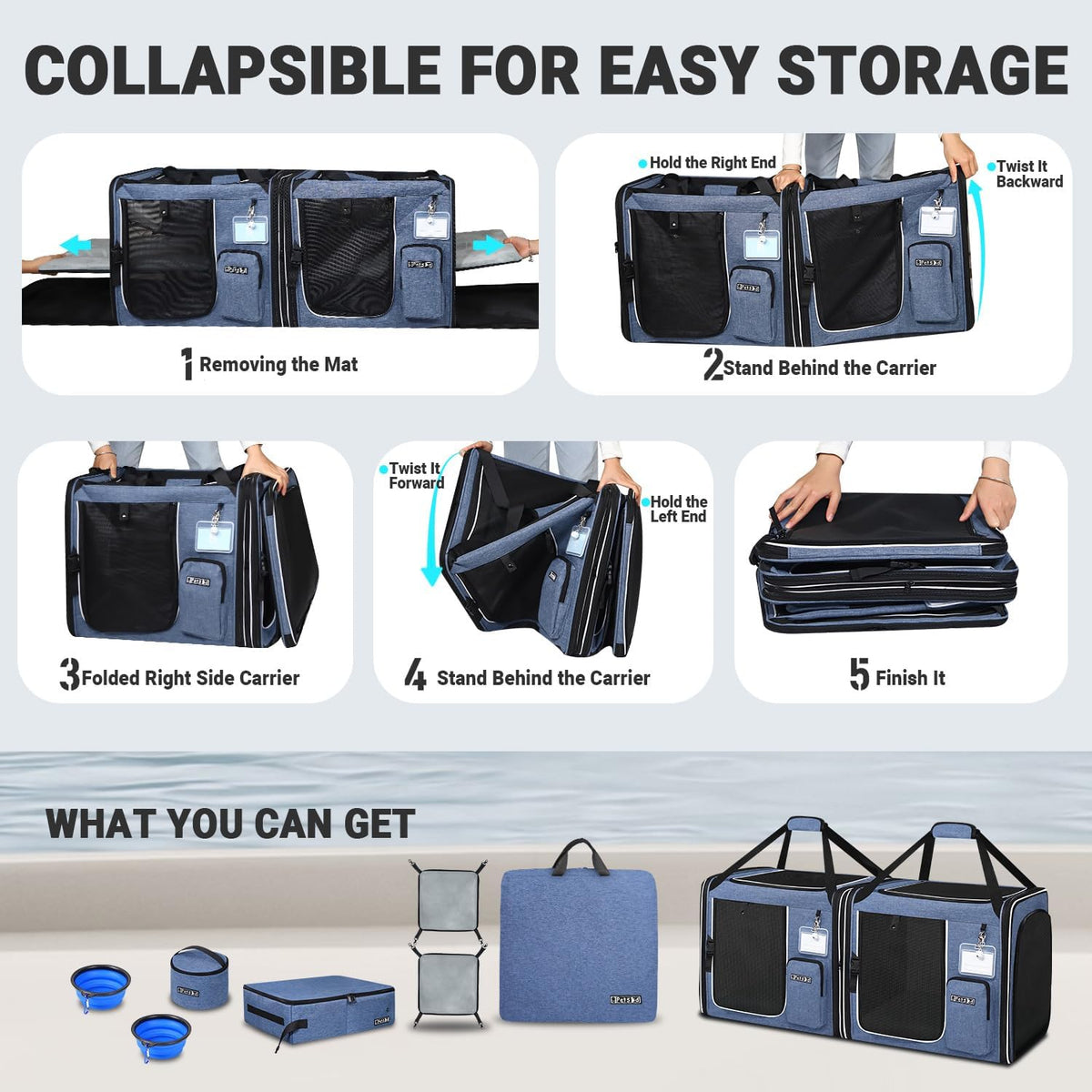 Petskd 2 in 1 Double Cat Car Travel Carrier with Litter Box, Blue