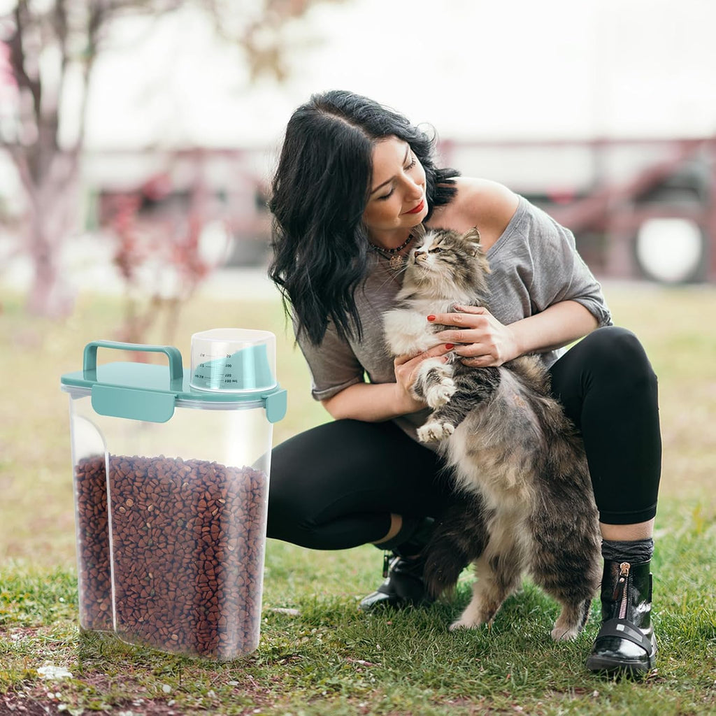 LEAWALK 5-7Lbs Dog Cat Storage Container Portable with Upgraded Large Spout and Cup, Plastic Pet Food Dispenser for Small Animal Kibble, Bird Seed, Oatmeal, Rice, Flour, Brown Sugart- Elegant Blue