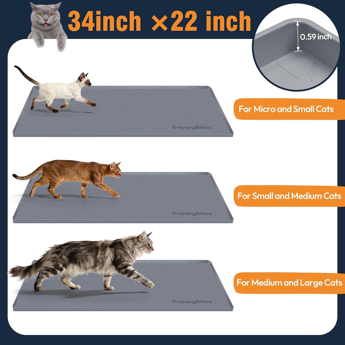 Cat Litter Mat, 34"x22" Waterproof Silicone, Litter Trapping | Large Size, Non-Slip Floor Pad, Easy to Clean, Indoor Cats, for Litter Box, Traps Litter & Dirt, Green