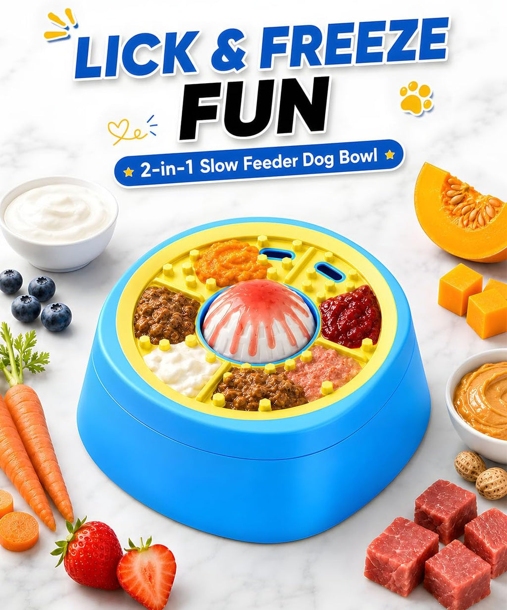 Interactive Slow Feeder Dog Bowl with Rolling Lick Ball for Liquid Treats