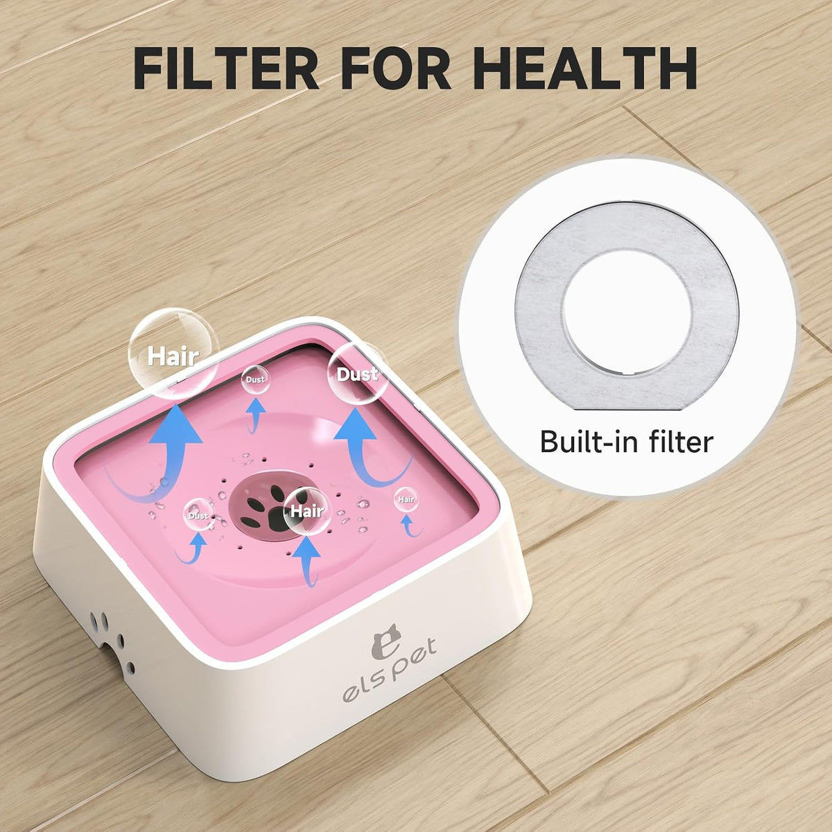 ELS PET Water Bowl for Cats & Dogs 2L, No Spill Slobber Stopper, Slow Drink | Pink, Splash Proof Design, 70oz Capacity, Floating Disk, Slow Drink, for Cats & Dogs, Travel and Home Use, Dishwasher Safe