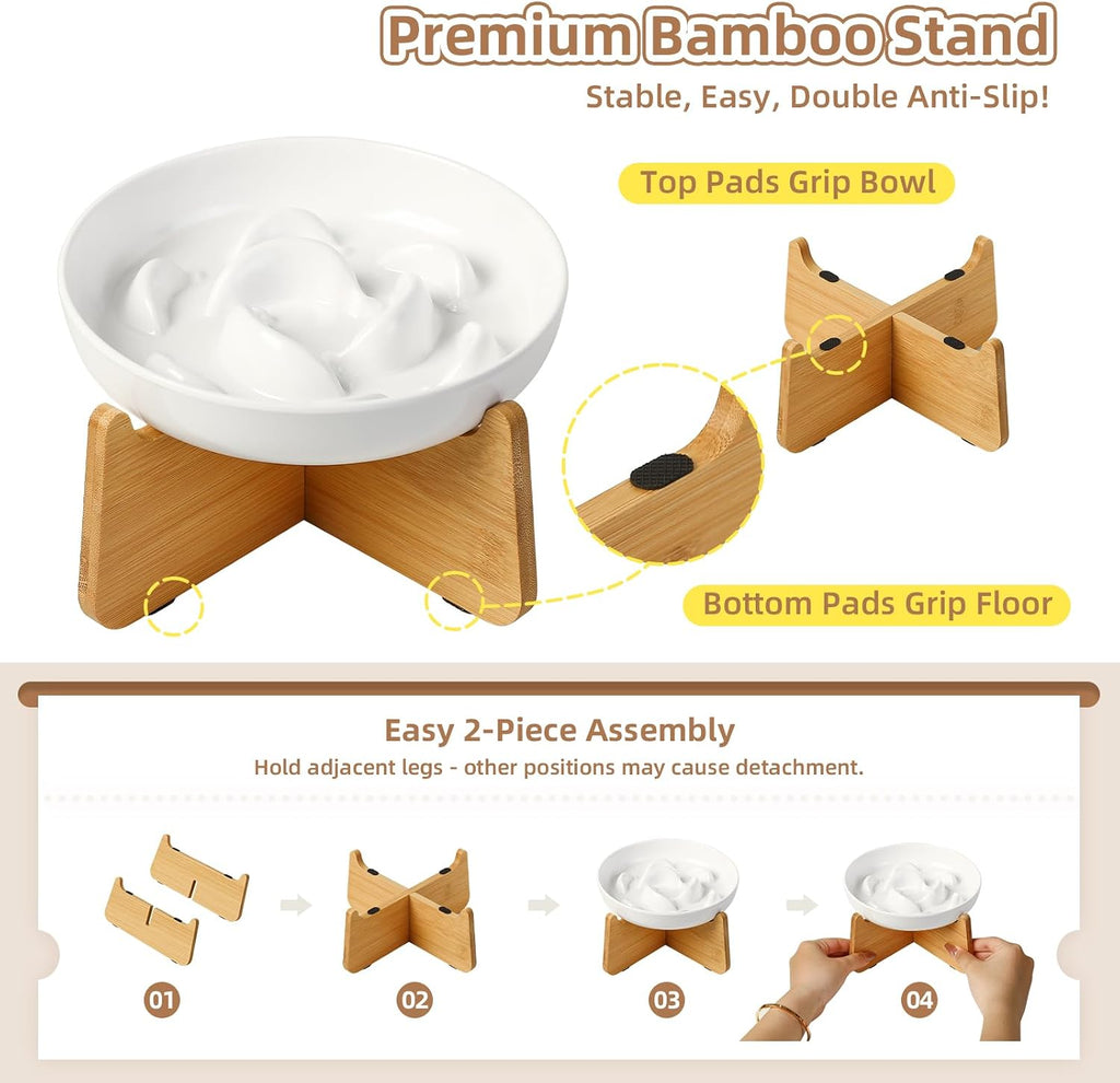 Elevated Slow Feeder Cat Bowl - Melamine Cat Food Plate with Anti-Slip Bamboo Stand - Whisker Friendly Feeding Bowl - Raised Maze Dish for Slow Eating - Mint Green