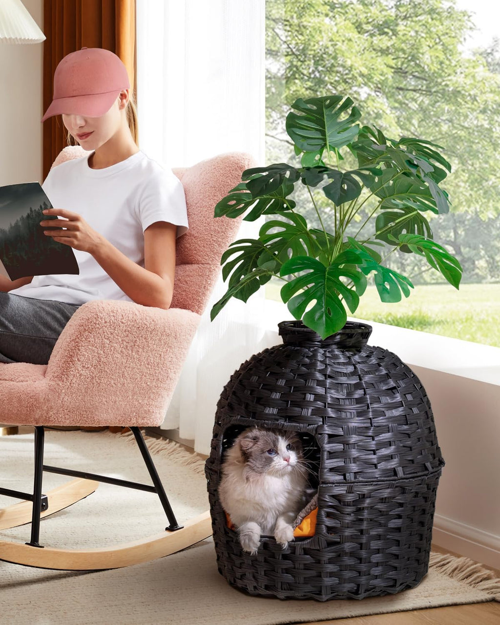 SETVSON Cat Litter Box Plant Furniture Enclosure, PE Rattan House, Black