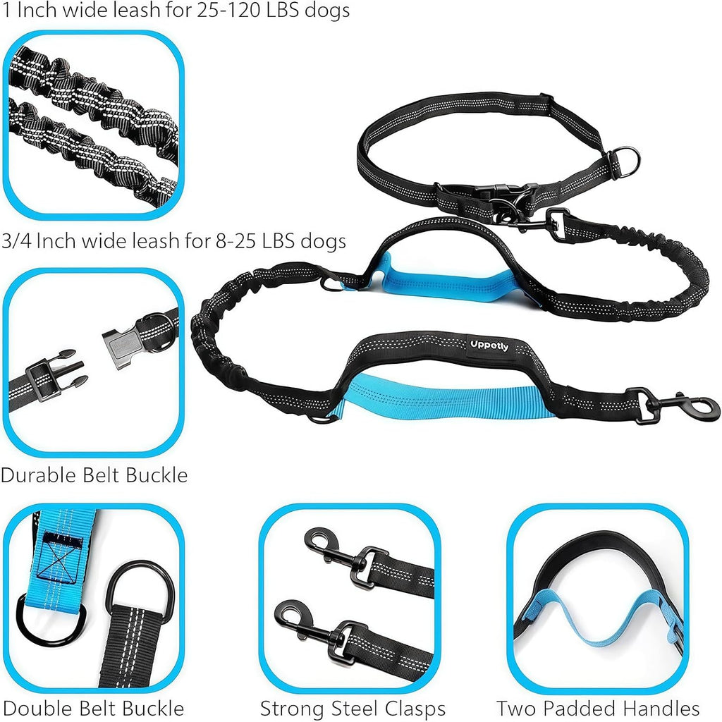 Uppetly Hands Free Dog Running Leash with Adjustable Waist Belt, Dual Handle Elastic Bungees Retractable Rope for Small and Medium Dogs, Reflective Stitches for Walking Hiking Biking (Medium, 8-25lb)