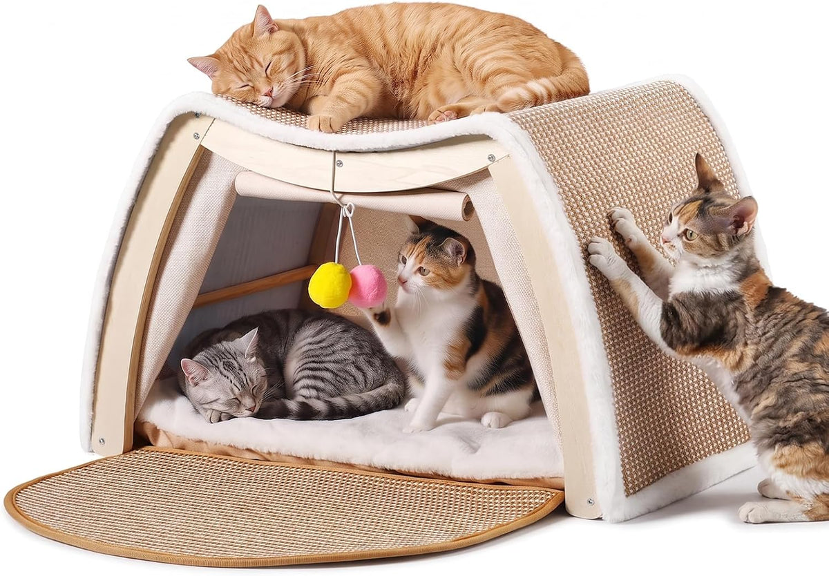 Cat House Indoor, 3-in-1 Wicker Cat Condo Scratcher Cave