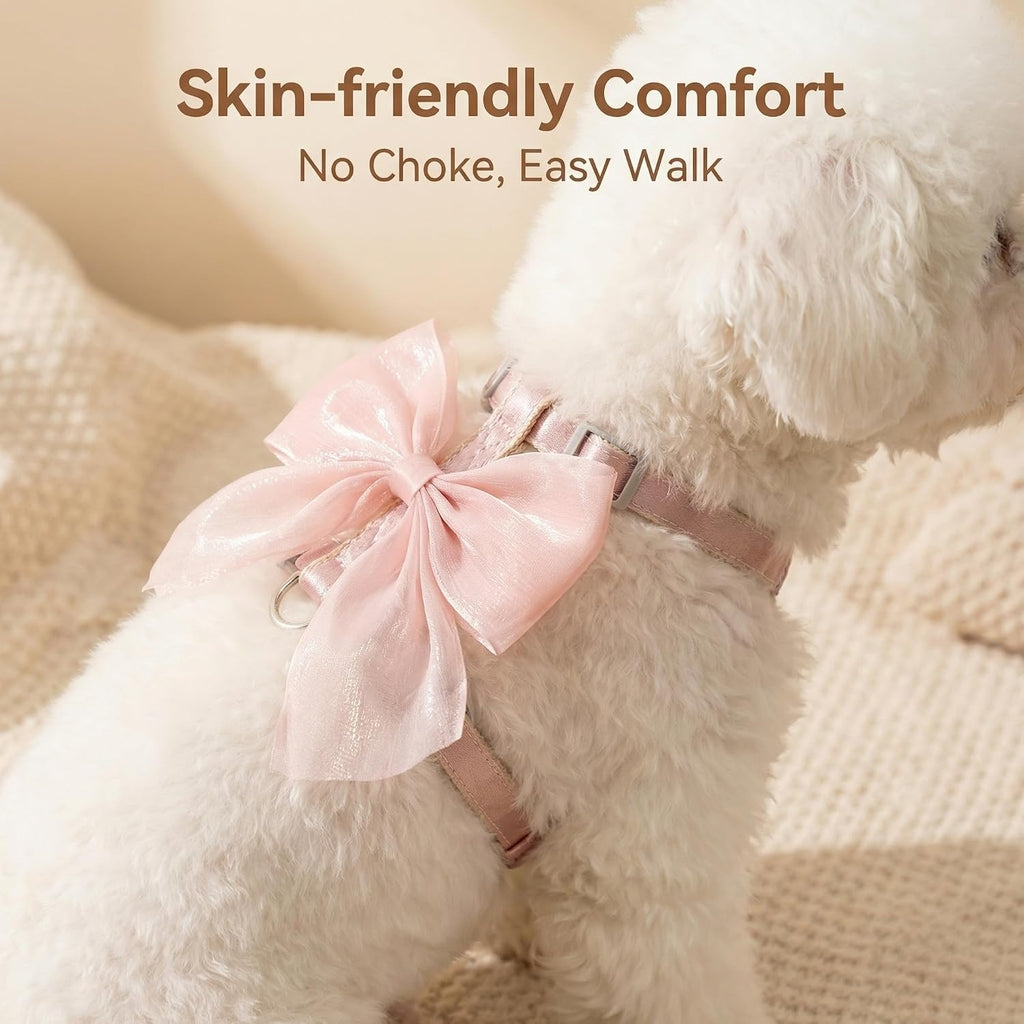 Pink Leash and Bow H-Shaped Design Harness for Small Cats Dogs, Proof Soft Adjustable Vest Easy Control Breathable Harnesses for Small Cats Dogs (M 8-15LBS)