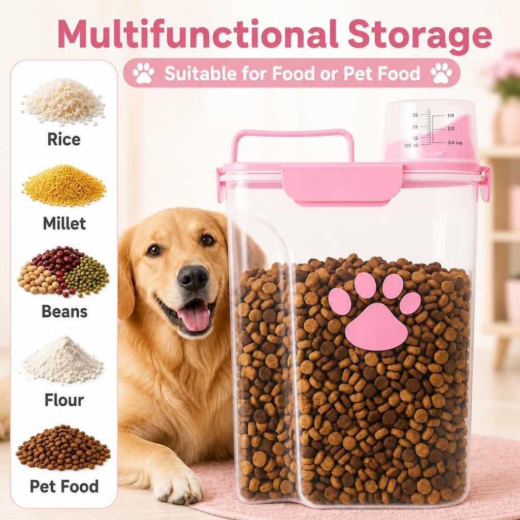 5-7Lbs Airtight Dog Cat Food Storage Container with cleaning brush,Measuring Cup,4 Snap Seals,Portable Pet Food Containers with Upgraded Large Nozzle for Dogs,Cats,Birds,Small Animals(Large-Pink)