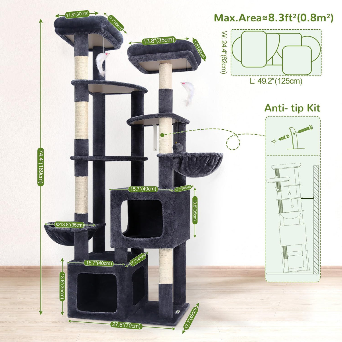 Globlazer S74E Pro Heavy Duty Maine Coon Cat Tree for Large Cats, Dark Grey