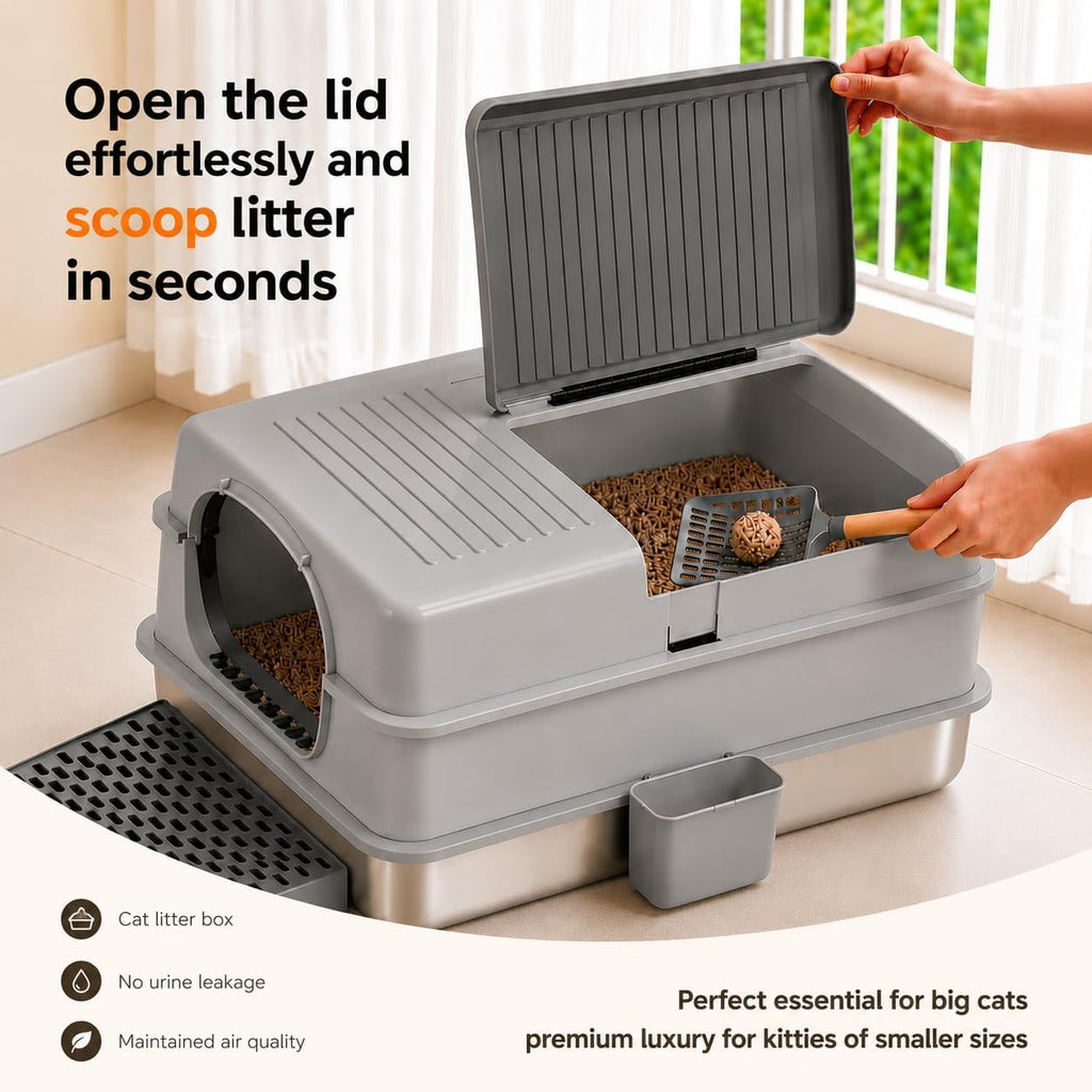 KalraMay Extra Large XXXL/XXL Stainless Steel Litter Box with Lid, Gray