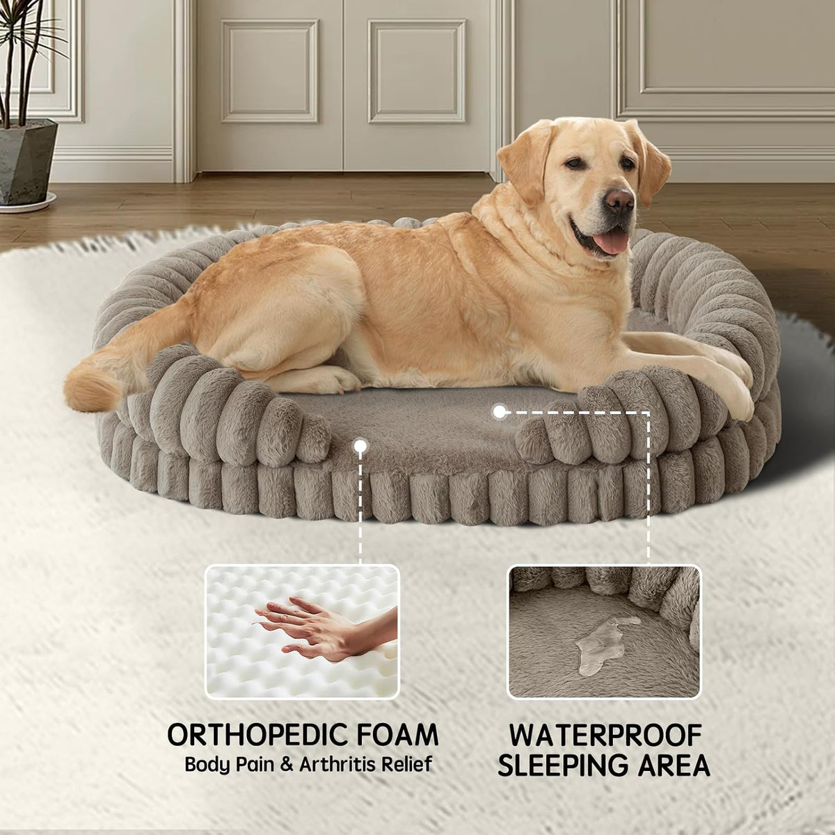 BALANCE Calming Dog Bed for Extra Large Dogs, 42 Inches Oval Washable XL Pet Bed with Sides, Orthopedic Pet Couch Sofa with Non-Slip Bottom, Oatmeal