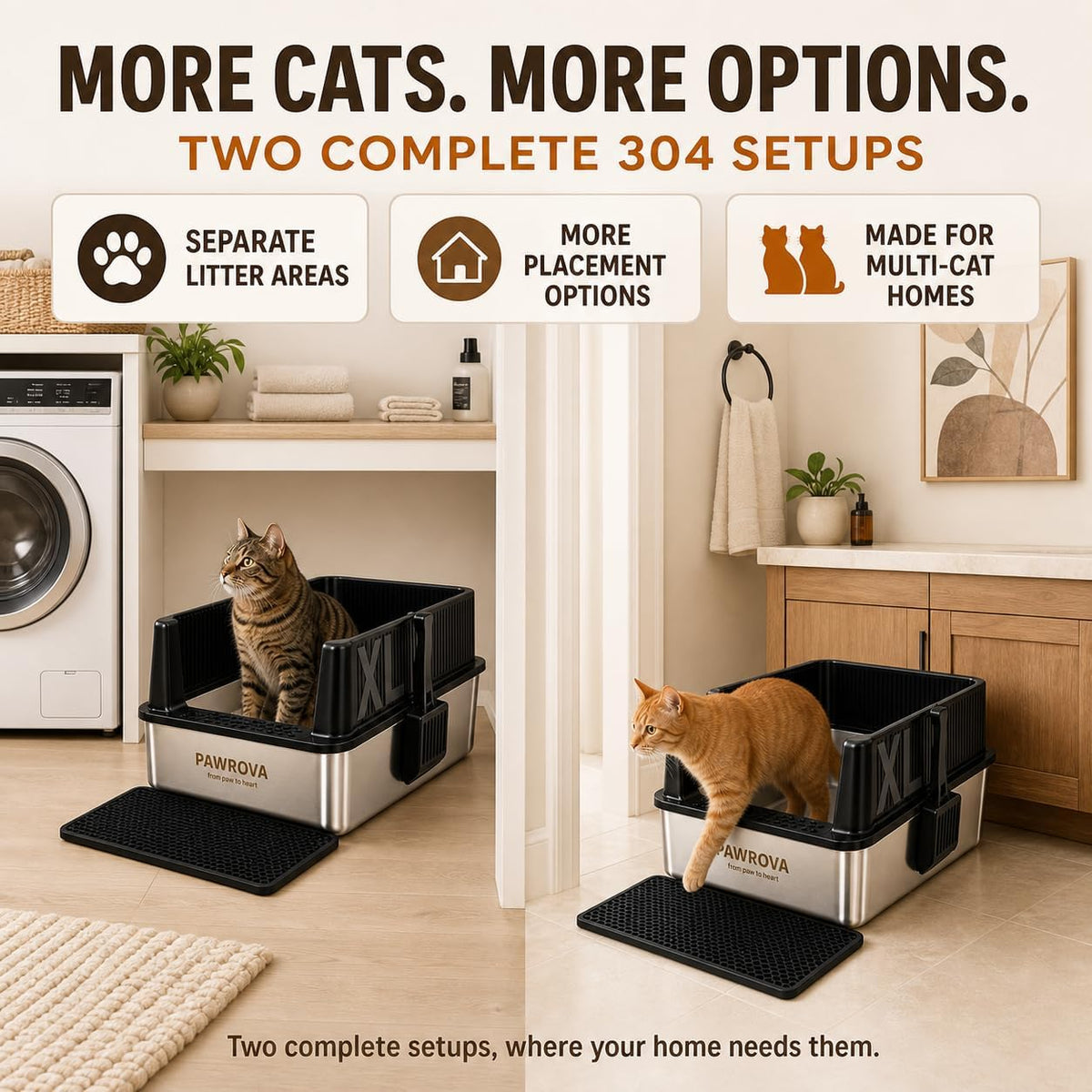 304 Stainless Steel Litter Box 2 Pack, XL Open Top with High Sides