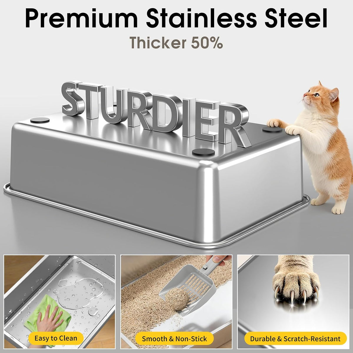 Enclosed Stainless Steel Litter Box with Lid for Most Adult Cats | 50% Thicker Metal, Dog Proof, Front & Top Entry, Leak-Proof Base, Scratch Resistant, Easy Clean