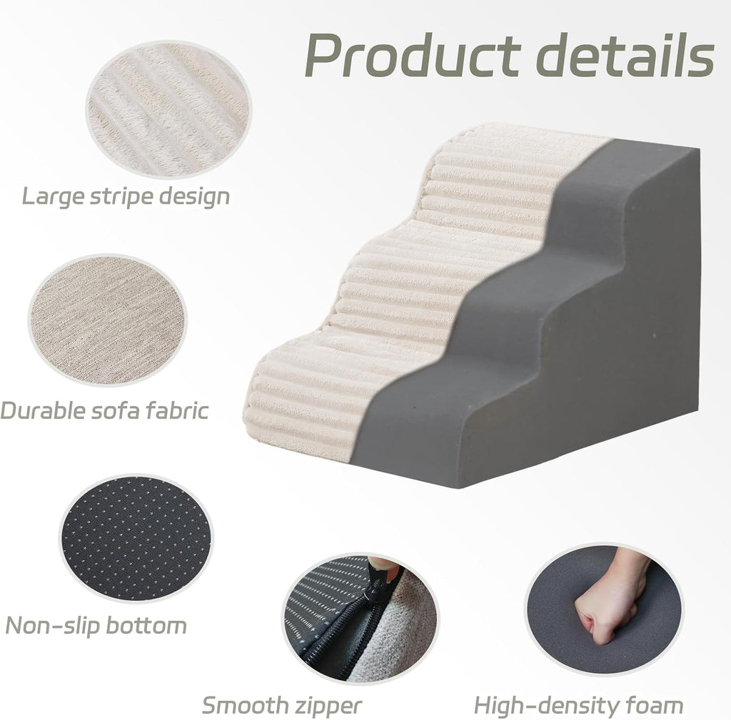 Laojin Balhen Dog Stairs for Small Dogs & Cats 15.7" H, High Density Foam Dog Steps Ramp for Couch Sofa and Chair, Widened 3-Step Pet Stairs with Non-Slip Bottom and Remove Washable Cover, Beige