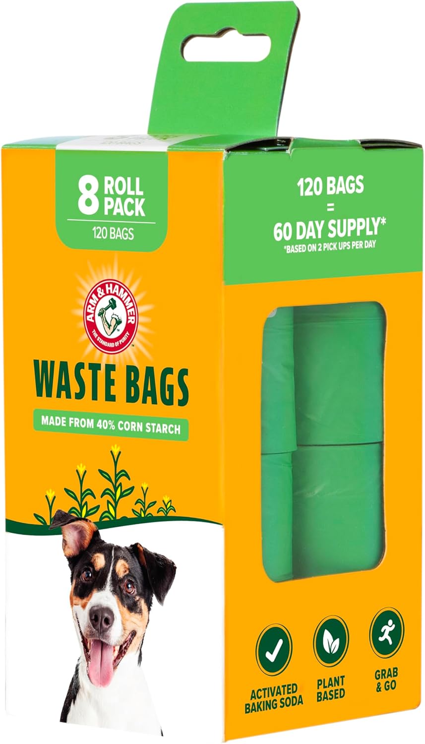 Arm and Hammer Plant Based Dog Poop Waste Bags, 120 Count, Green | With Activated Baking Soda, 9 x 14 In