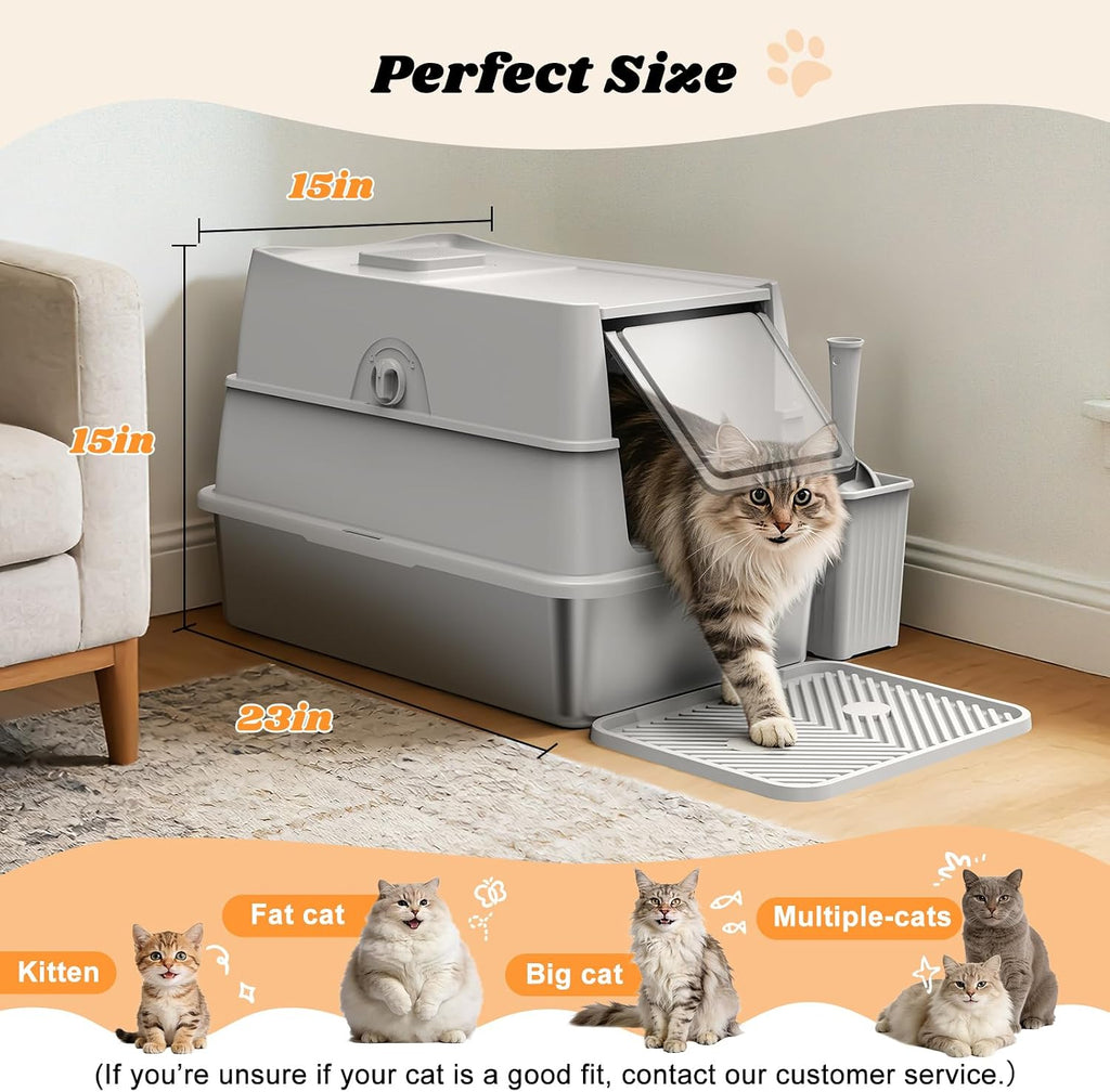 Stainless Steel Litter Box with Lid | Extra Large Enclosed Cat Litter Box | High Sided Metal Litter Boxes for Big Cats | 100% Anti-Urine Leakage | Odor‑Resistant | Non-Stick with Litter Scoop Set & Mat