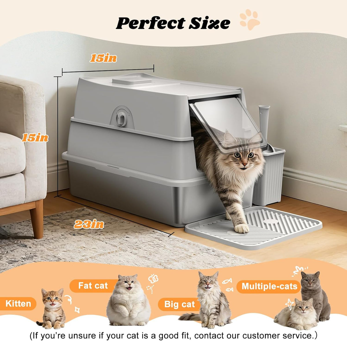 Stainless Steel Litter Box with Lid | Extra Large Enclosed Cat Litter Box | High Sided Metal Litter Boxes for Big Cats | 100% Anti-Urine Leakage | Odor‑Resistant | Non-Stick with Litter Scoop Set & Mat