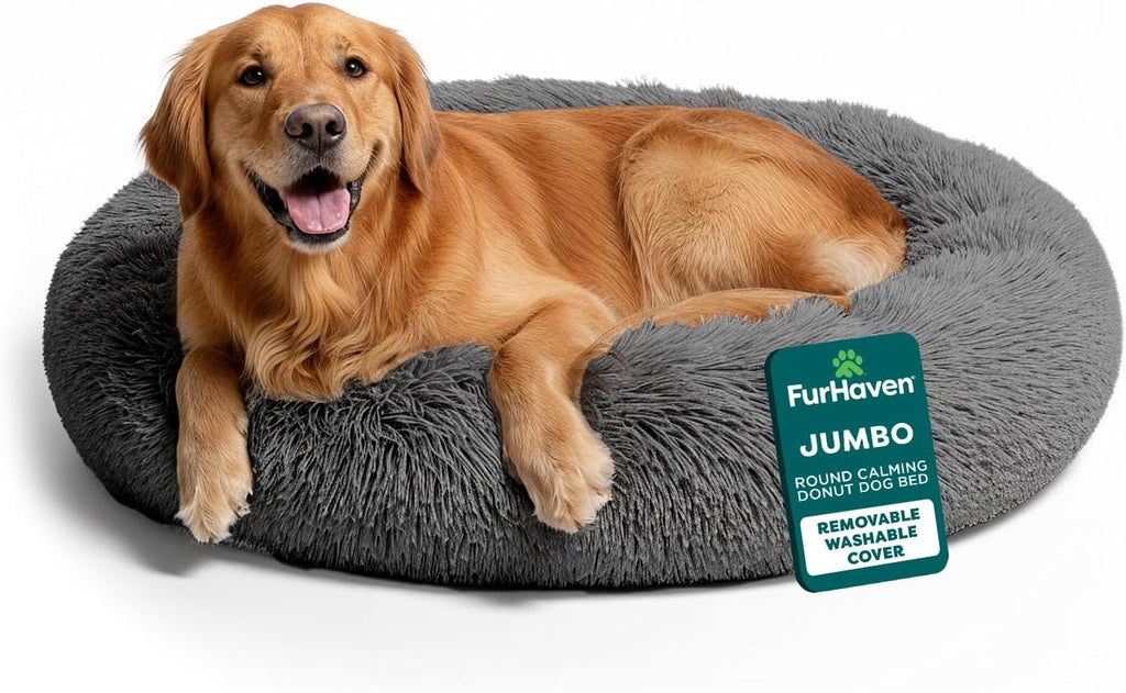 FurHaven 45" Calming Donut Dog Bed for Large Dogs, Round Plush Donut Design with Soft Filling for Snuggling Comfort, Removable Washable Cover, Jumbo XL, Shaggy Faux Fur, Gray
