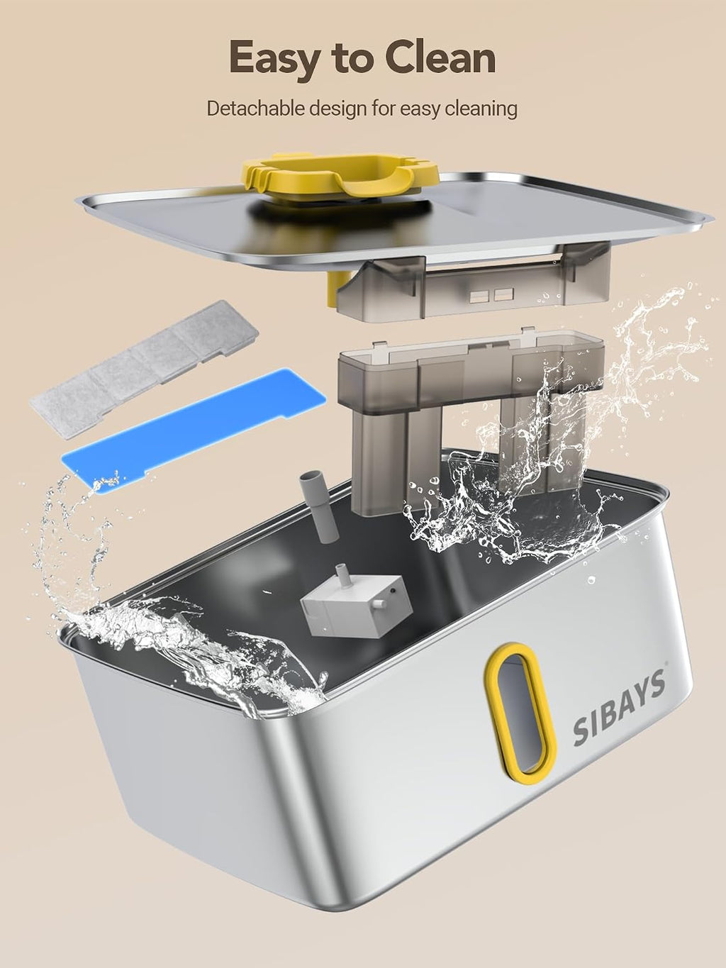 SIBAYS 4Gal/15L Stainless Steel Large Dog Water Fountain, Ultra Quiet Automatic Pet Water Fountain, Dog Water Bowl Dispenser with Water Level Window and LED Light, Easy to Clean(FS78, Silver-Yellow)