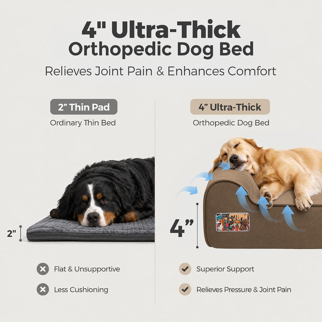 Sytopia Orthopedic Dog Beds for Large Dogs – 4" Extra Thick Memory Foam Pet Couch for Senior Dogs and Great Danes with Waterproof Liner & Washable Cover, Nonskid Bottom, 46"x28"x4", Brown