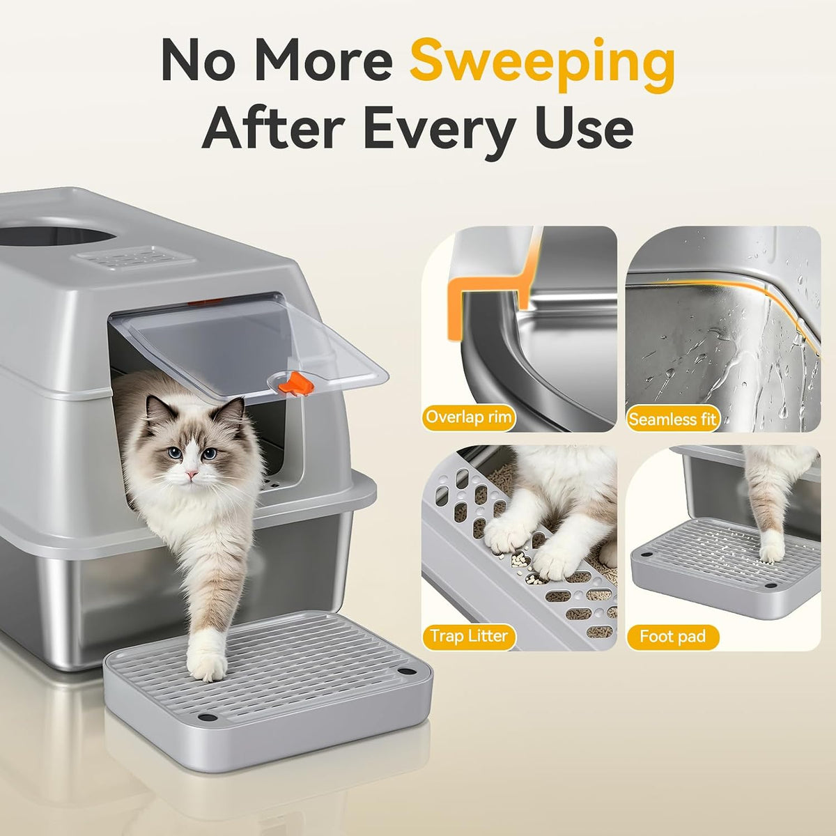 XL Enclosed Stainless Steel Litter Box with Lid, Light Gray