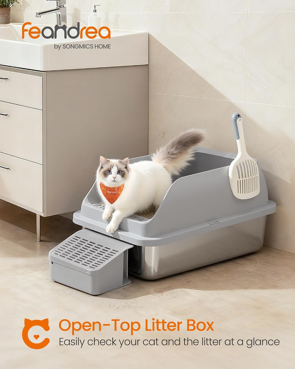 Feandrea 1 Pack Stainless Steel Cat Litter Box, for Cats up to 33 lb | High Sided Litter Tray with Open Top, Step, Scoop, Brush, Dove Gray, UPPT008GN01