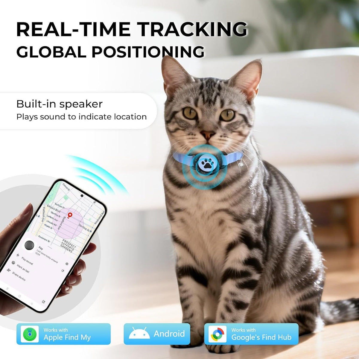 GPS Cat Tracker Collar with Finder Tag, Bluetooth Pet Location Blue 1Pack
